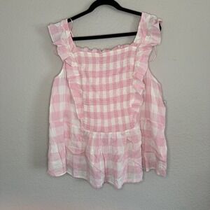 Old Navy 3X Pink Gingham Plaid Ruffle Tank Top Ruffle Smocked Sleeveless Cottage